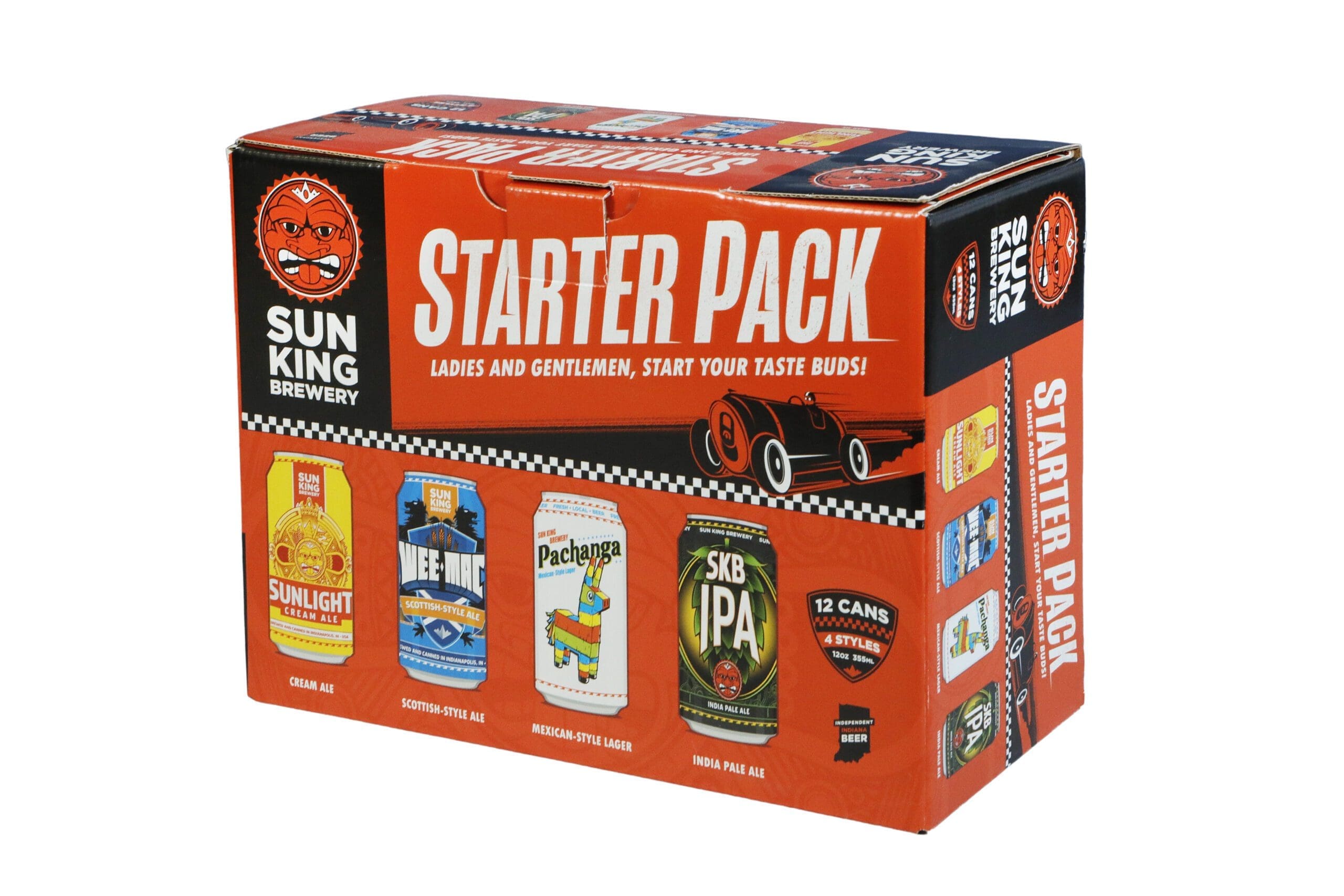 Sun King Brewery Starter Pack box featuring four beer styles: Sunlight Cream Ale, Wee Mac Scottish-Style Ale, Pachanga Mexican-Style Lager, and SKB IPA, emphasizing vibrant packaging design and branding.