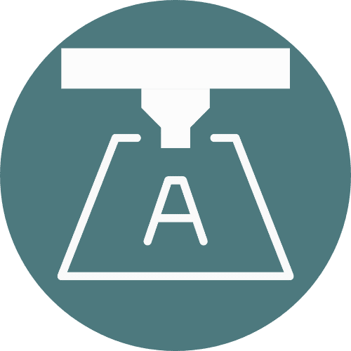 Icon representing digital printing technology with a printer nozzle and an "A" symbol, emphasizing customization and vibrant graphics for packaging solutions.