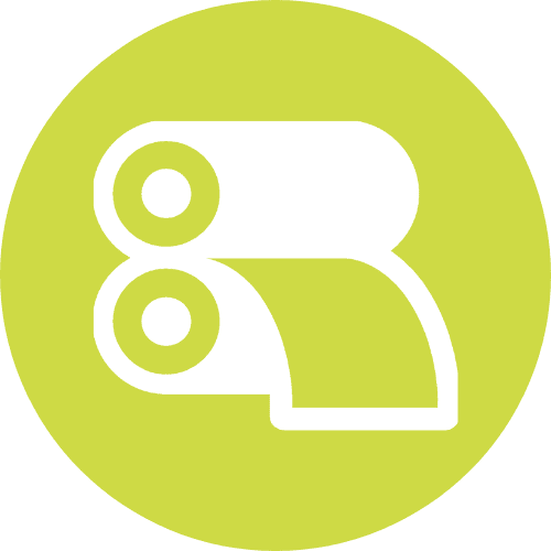 Graphic packaging icon featuring two rolls of printed material, symbolizing innovative print technologies and high-impact graphic packaging solutions offered by The Royal Group.