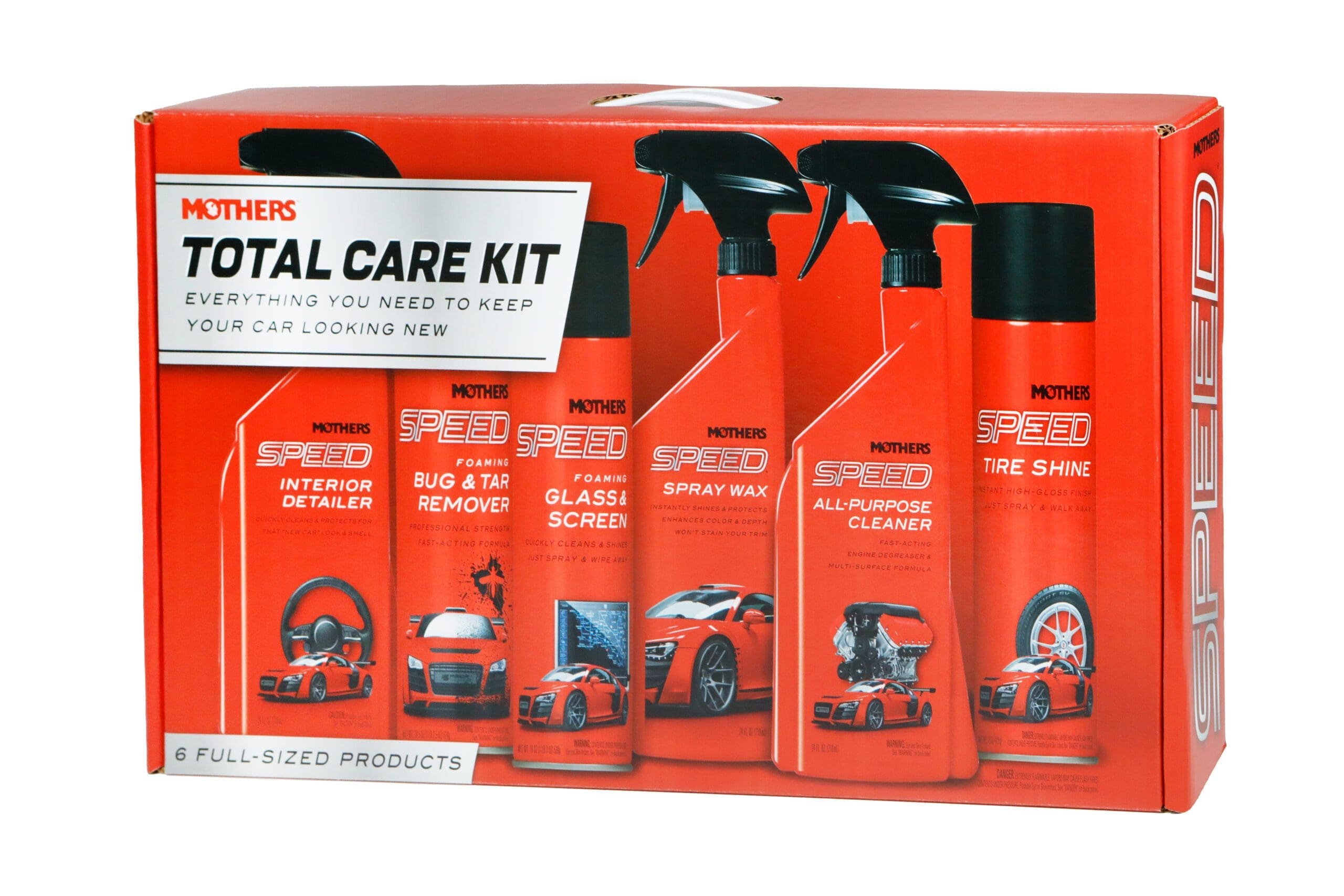 Packaging of Mothers Total Care Kit featuring six full-sized car cleaning products, including interior detailer, bug and tar remover, glass cleaner, spray wax, all-purpose cleaner, and tire shine, emphasizing high-quality vehicle maintenance solutions.