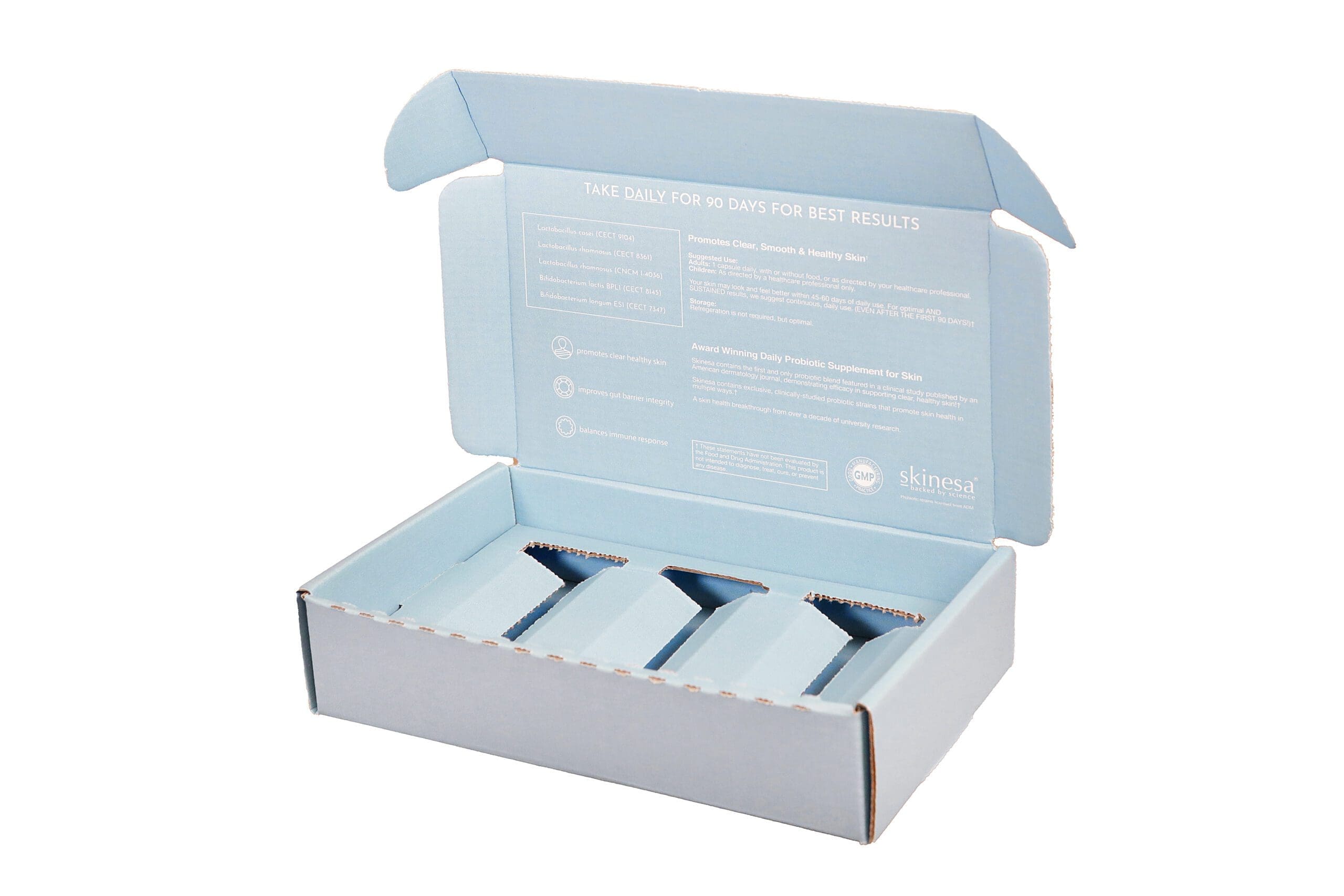 Probiotic supplement packaging box with three compartments and detailed usage instructions, emphasizing health benefits for skin, aligned with The Royal Group's graphic packaging innovations.